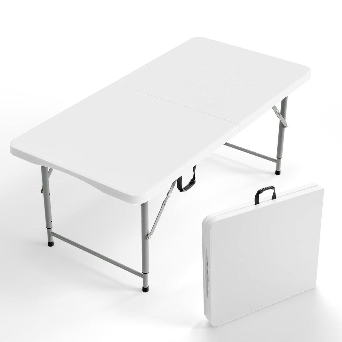 VINGLI 4 FT Plastic Folding Camping Table,3-Level Adjustable Height, Portable in/Outdoor Party Picnic Dining Desk, Garden Soccer Multipurpose Entertaining Activities,White