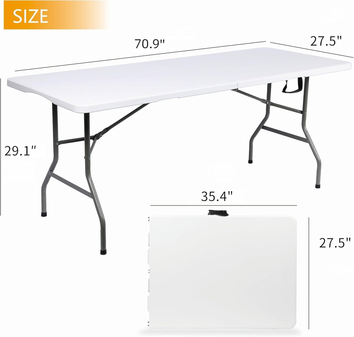Folding Table 6ft,Foldable Table with Built in Handle & Steel Legs,Smooth HDPE Tabletop,Heavy Duty Folding Portable,Indoor Outdoor Uset for Party, Dining,Events,White