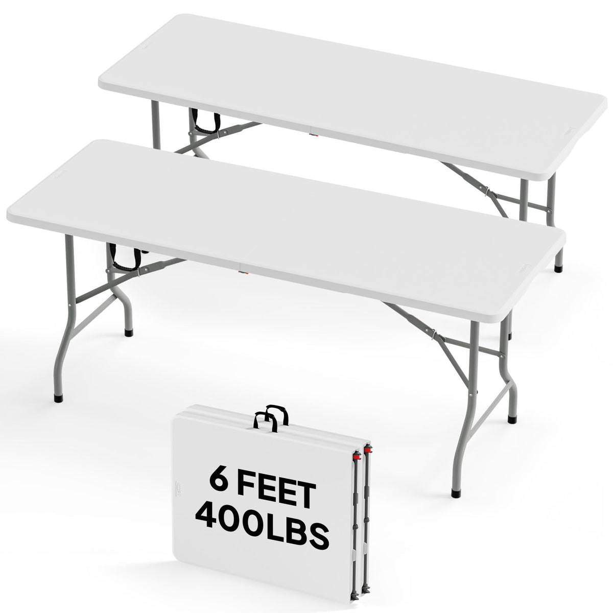 Bonnlo Folding Table 6ft, Portable Collapsible Plastic White Long Tables for Party, Camping, Banquet, Craft, Dining, Wedding, Outdoor and Indoor Use
