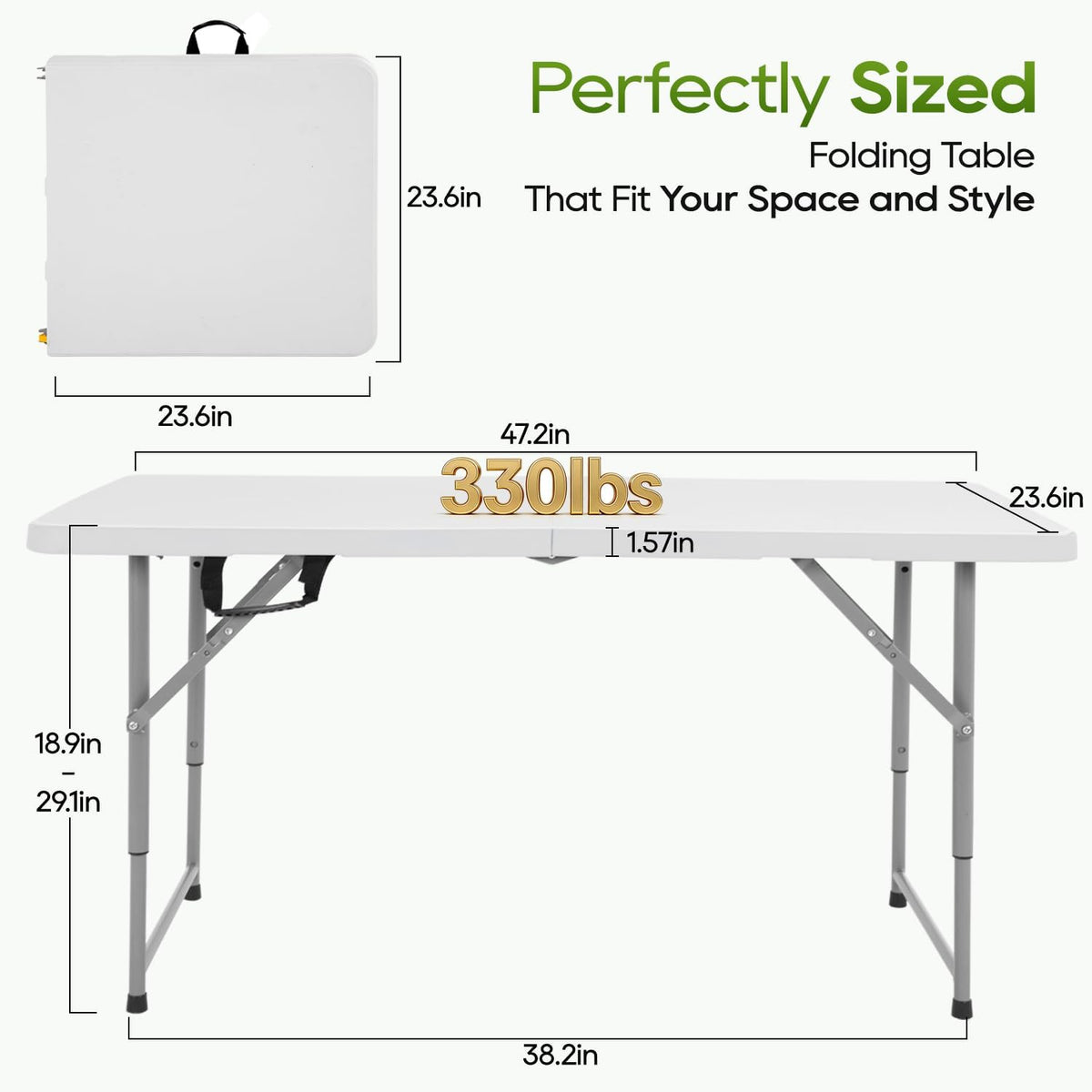 FDW 4FT Folding Table, Portable Fold-in-Half Plastic Picnic Party Table with Carrying Handle (White, 4FT)