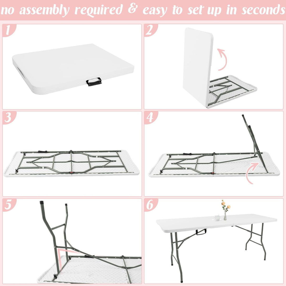 Fivenl 2 Pack 6 Feet Portable Folding Table White, Steel Legs Fold-in-Half with Carrying Handle Rectangular Plastic Foldable Table for Party, Wedding, Camping, Picnic, Dining, Indoor Outdoor Events