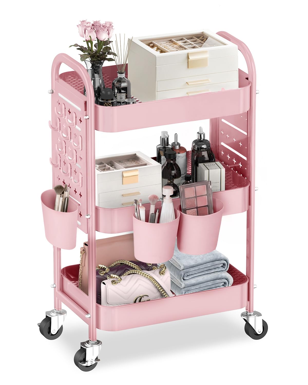 ALVOROG 3 Tier Metal Rolling Utility Cart with Pegboards,Baskets,Hook,Khaki