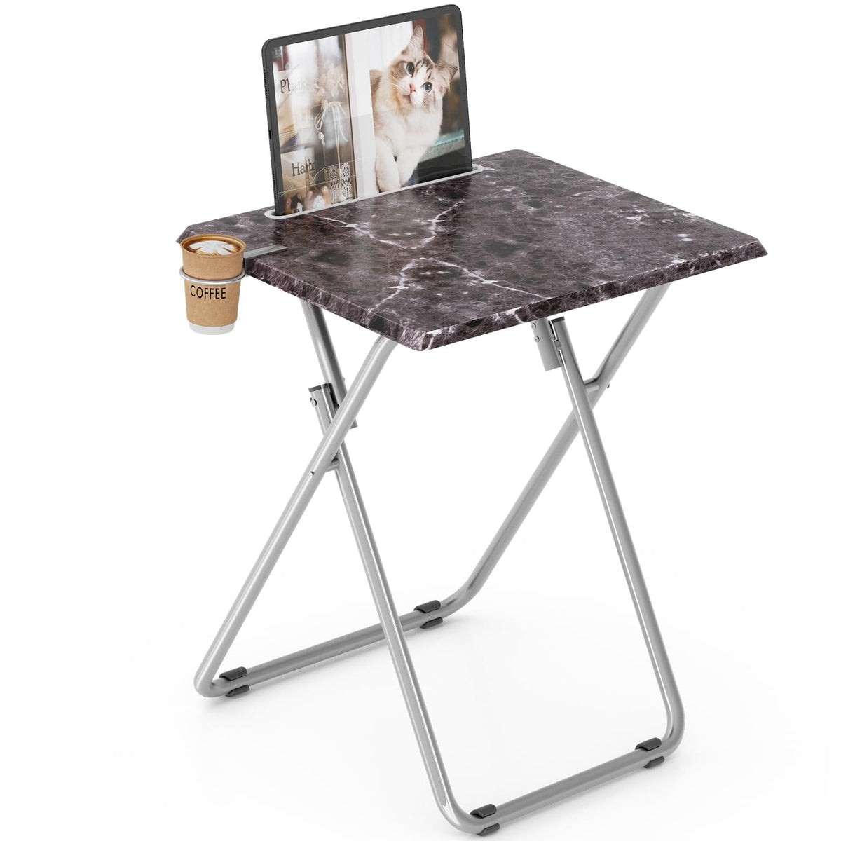 TV Tray Table,Folding Table with Cup Holder Portable,Foldable Snack Tray for Eating,Small Folding Tables Set of 2,Dinner Tables for Couch, Living Room,Small Space (White Marble,2Pcs)