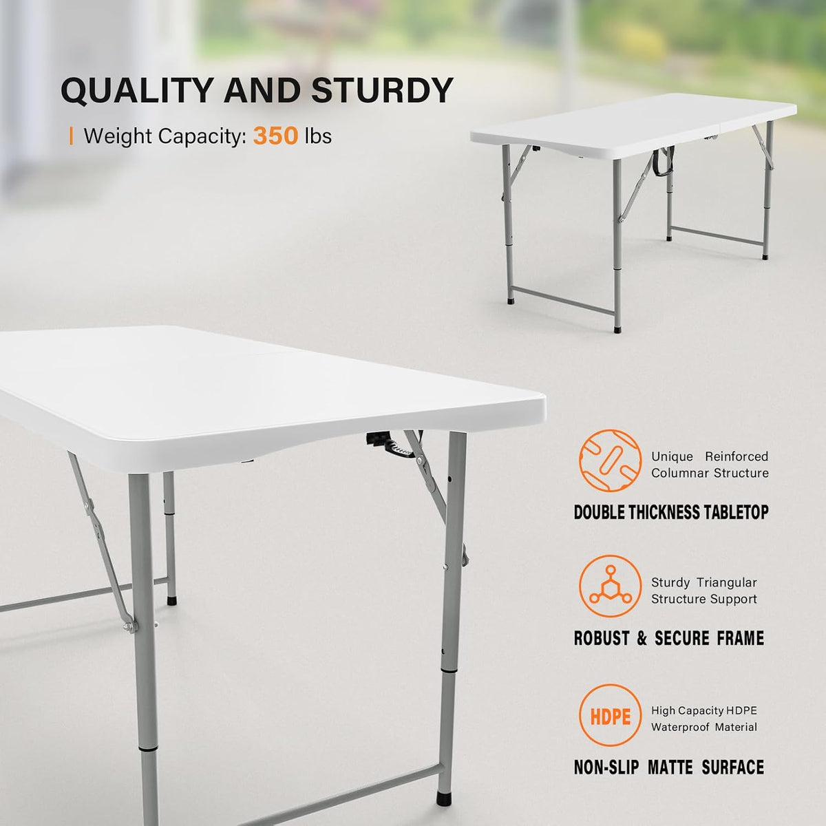 VINGLI 4 FT Plastic Folding Camping Table,3-Level Adjustable Height, Portable in/Outdoor Party Picnic Dining Desk, Garden Soccer Multipurpose Entertaining Activities,White