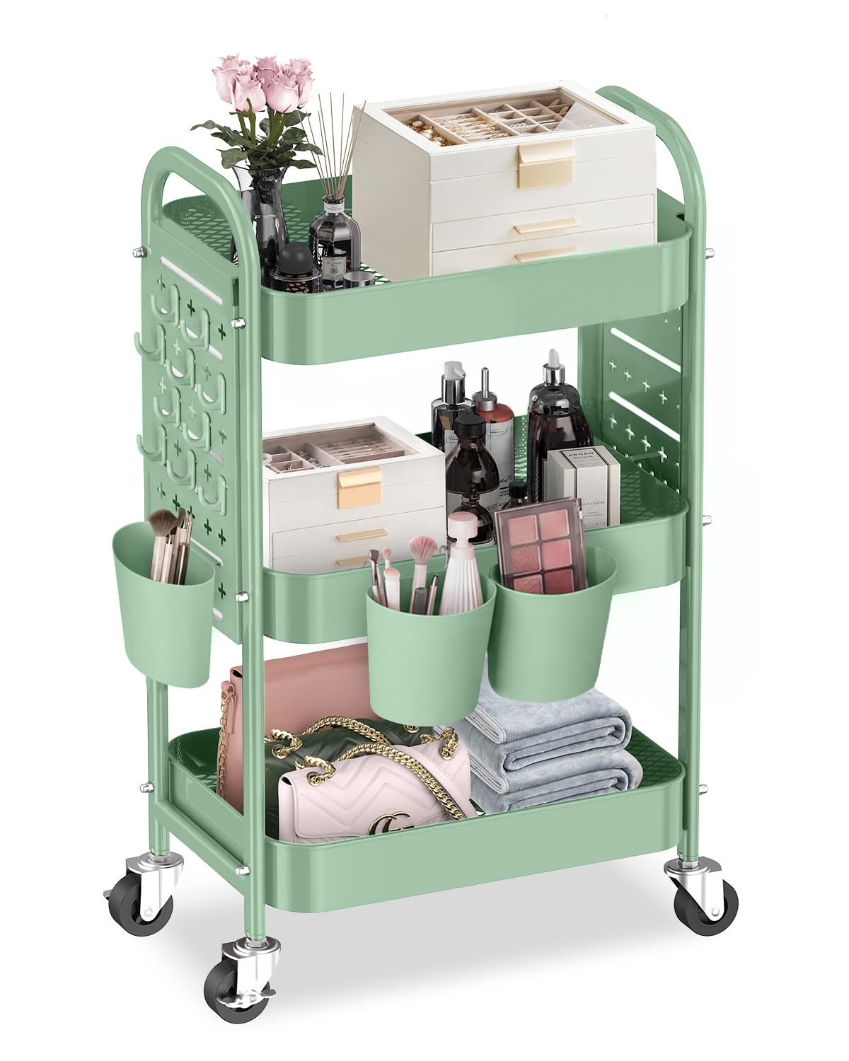 ALVOROG 3 Tier Metal Rolling Utility Cart with Pegboards,Baskets,Hook,Khaki