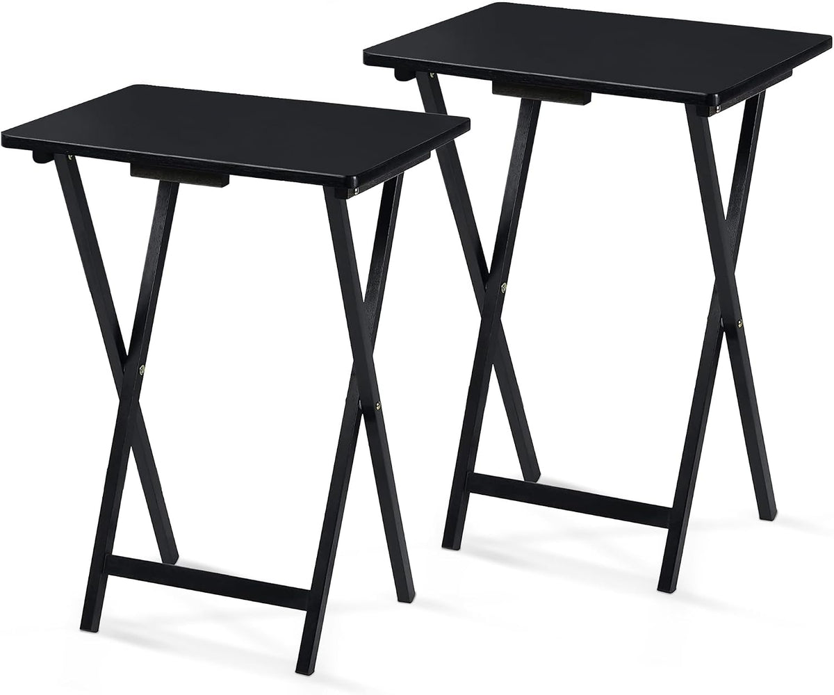 PJ Wood Folding TV Trays Set of 2, Solid Wood Foldable Snack Tables, Black