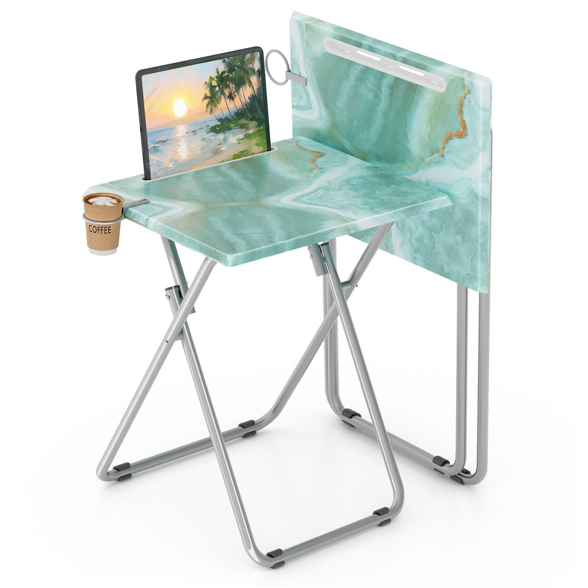 TV Tray Table,Folding Table with Cup Holder Portable,Foldable Snack Tray for Eating,Small Folding Tables Set of 2,Dinner Tables for Couch, Living Room,Small Space (White Marble,2Pcs)