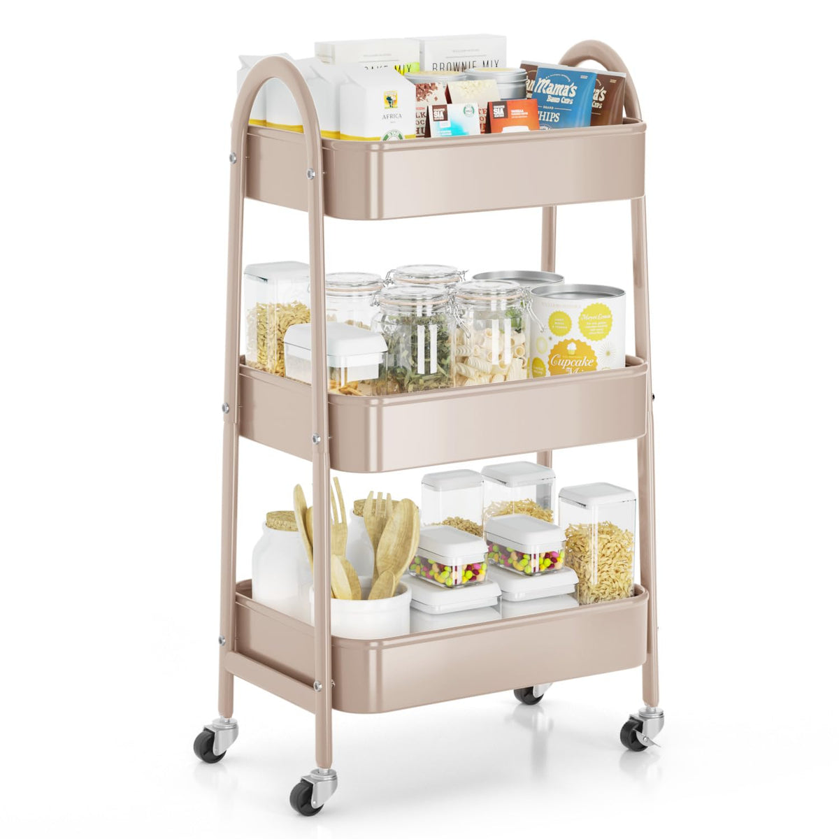EAGMAK 3 Tier Utility Rolling Cart, Metal Storage Cart with Handle and Lockable Wheels, Multifunctional Storage Organizer Trolley with Mesh Baskets for Kitchen, Living Room, Office, Garage (Black)