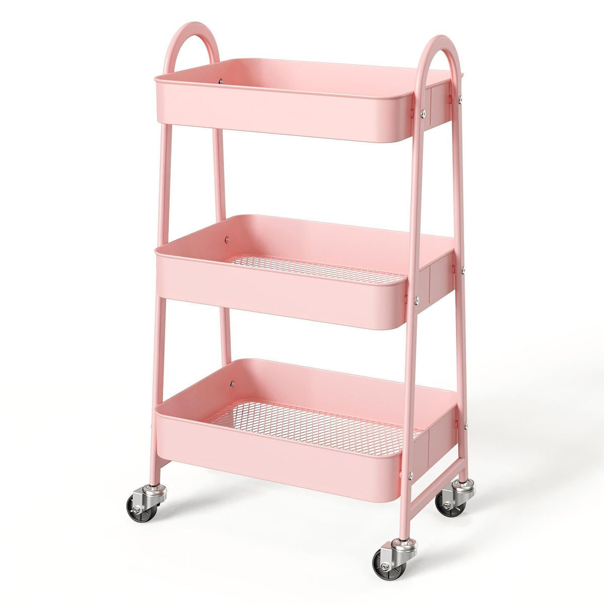 NEWBULIG 3-Tier Metal Rolling Cart with Lockable Wheels, Heavy Duty Mobile Utility Storage Shelf, Roller Book Snack Cart, Organization for Livingroom, Bathroom, Office, Pink