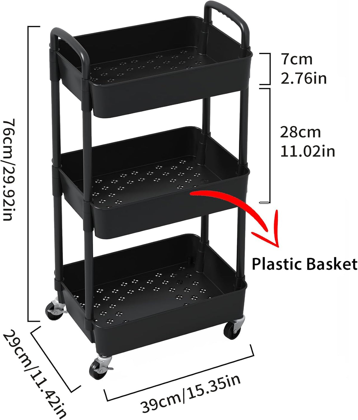 Sywhitta 3-Tier Plastic Rolling Utility Cart with Wheels for Storage,Black