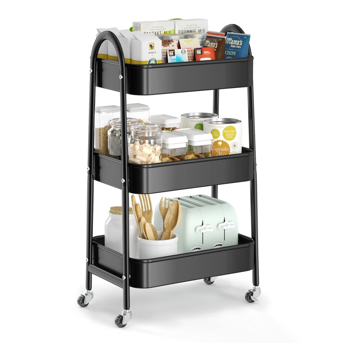 EAGMAK 3 Tier Utility Rolling Cart, Metal Storage Cart with Handle and Lockable Wheels, Multifunctional Storage Organizer Trolley with Mesh Baskets for Kitchen, Living Room, Office, Garage (Beige)