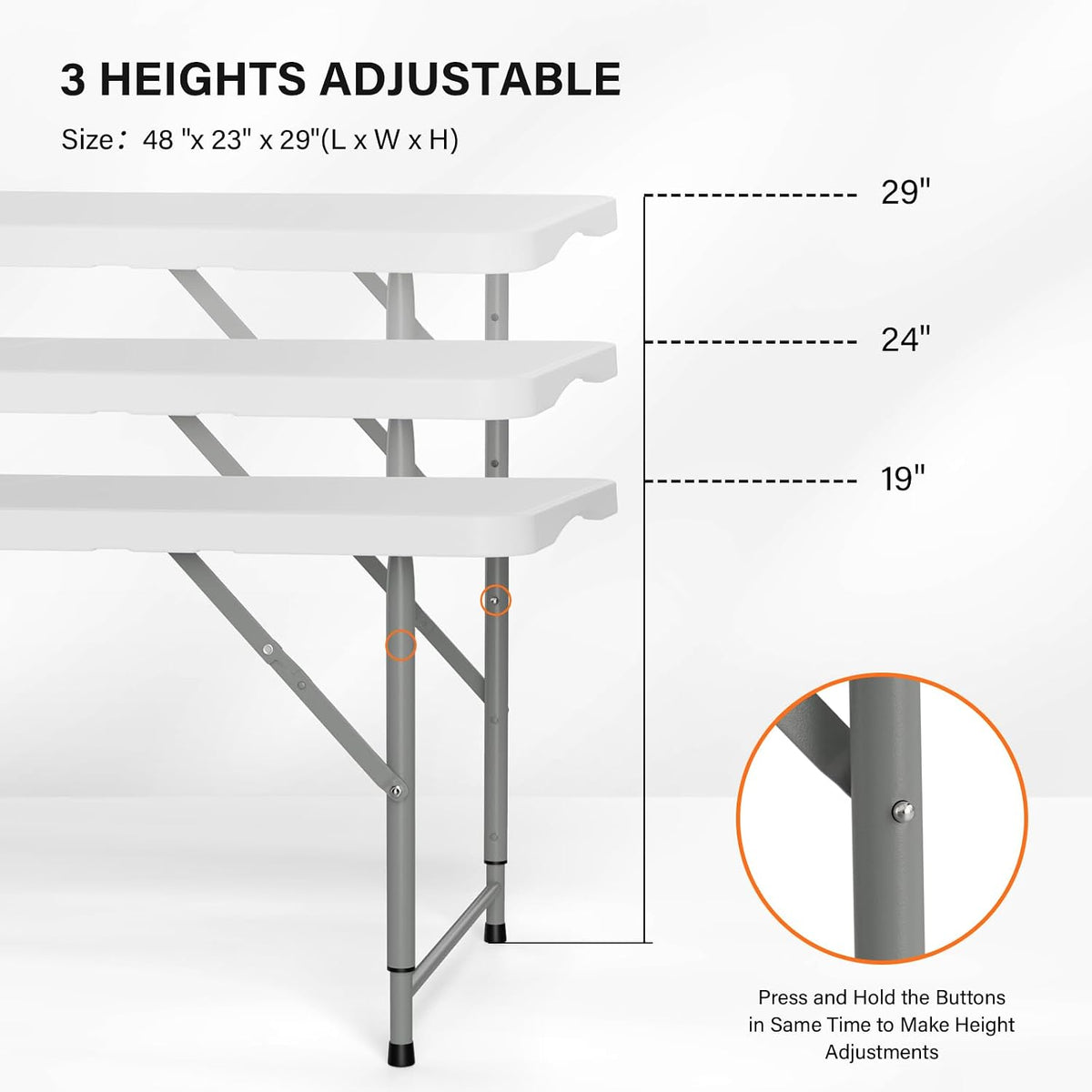 VINGLI 4 FT Plastic Folding Camping Table,3-Level Adjustable Height, Portable in/Outdoor Party Picnic Dining Desk, Garden Soccer Multipurpose Entertaining Activities,White