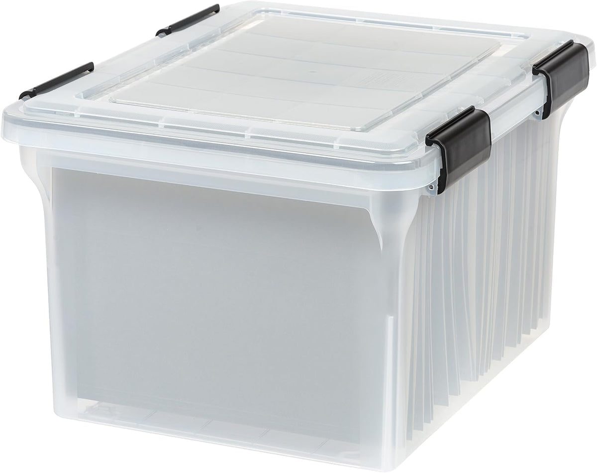 IRIS USA File Box File Organizer Plastic File Box for Letter/Legal File, BPA-Free Plastic Storage Bin Tote Organizer with Durable and Secure Latching Lid, Stackable and Nestable, Clear 35 Qt. 4Pack