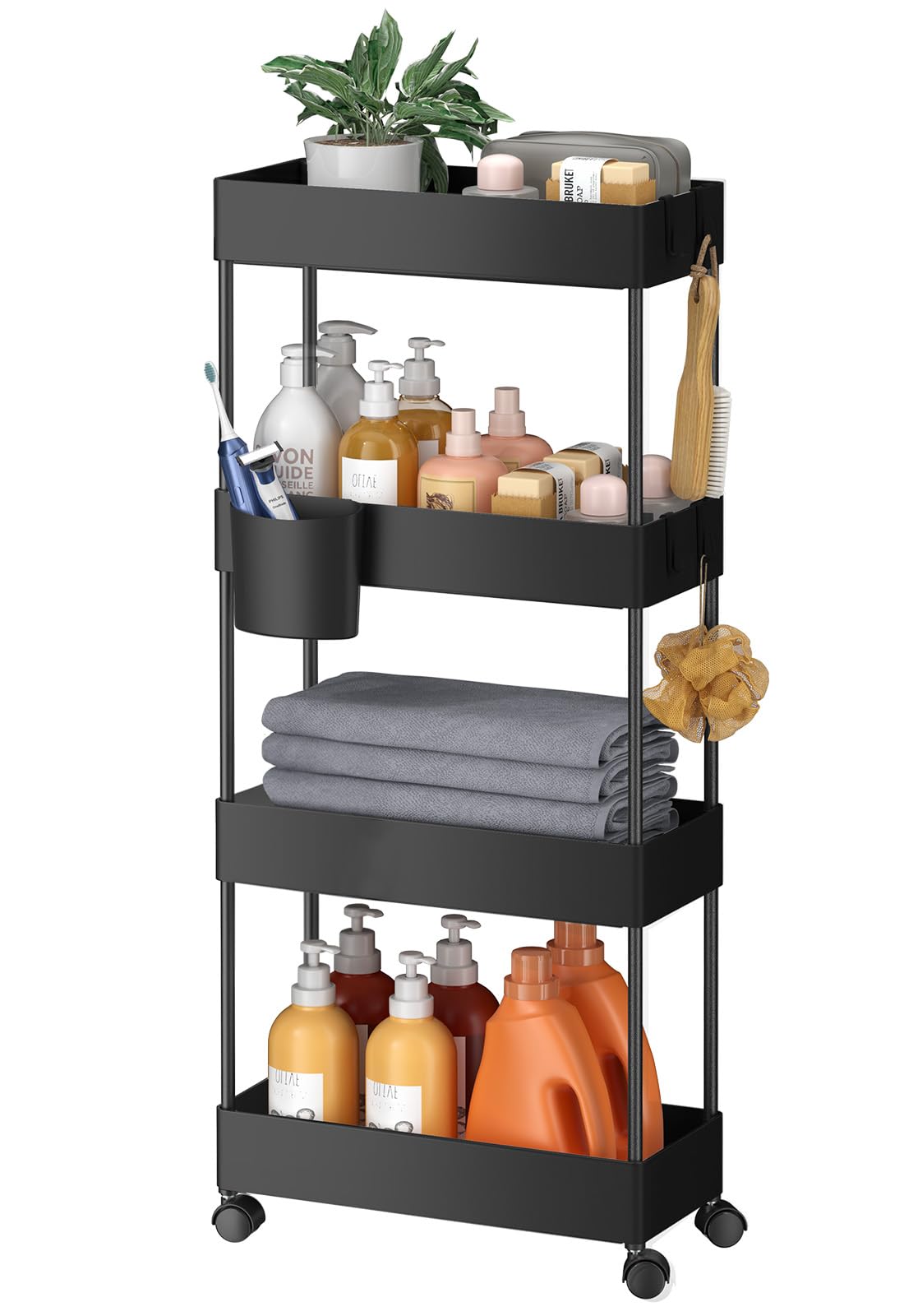 Pipishell 3 Tier Bathroom Storage Cart, Slim Storage Cart with Wheels,Black