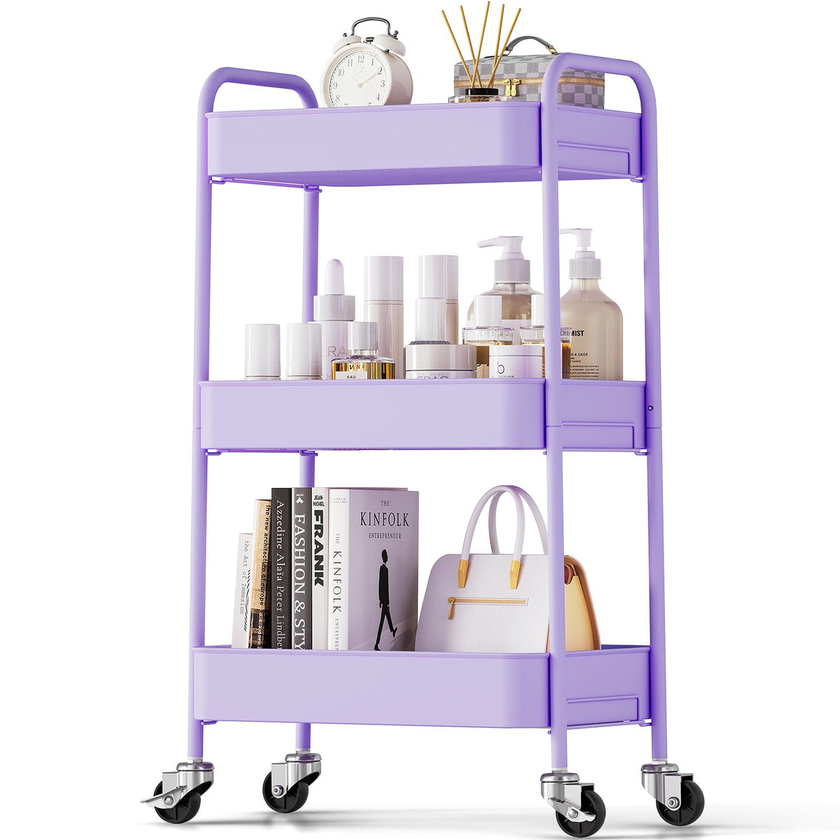 TOOLF 3 Tier Metal Rolling Cart, Utility Storage Cart with Wheels, White