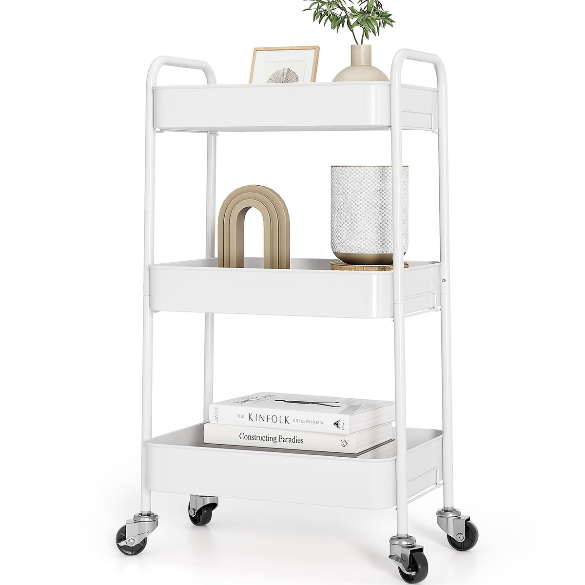 TOOLF 3 Tier Metal Rolling Cart, Utility Storage Cart with Wheels, White