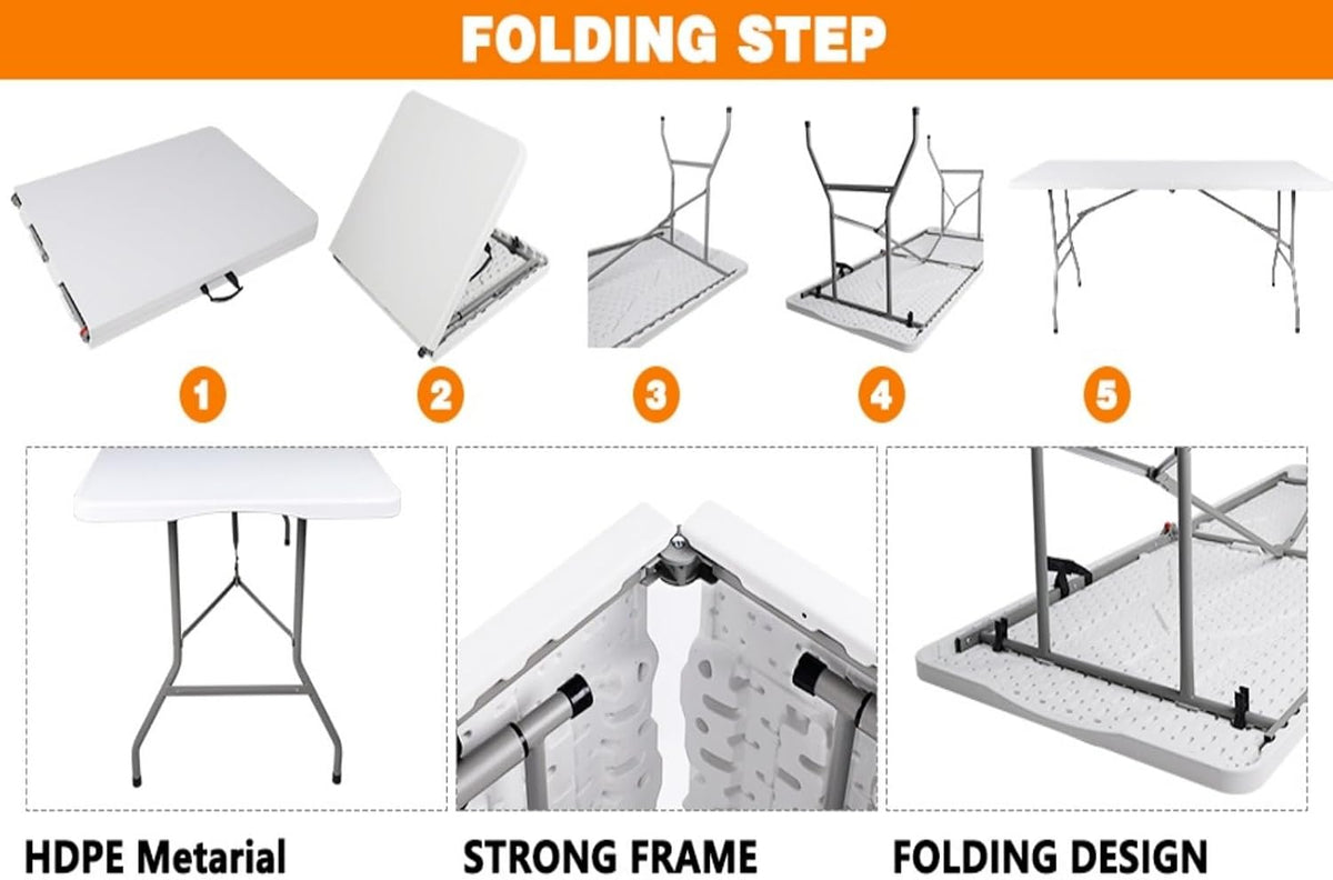 Folding Table 6ft,Foldable Table with Built in Handle & Steel Legs,Smooth HDPE Tabletop,Heavy Duty Folding Portable,Indoor Outdoor Uset for Party, Dining,Events,White