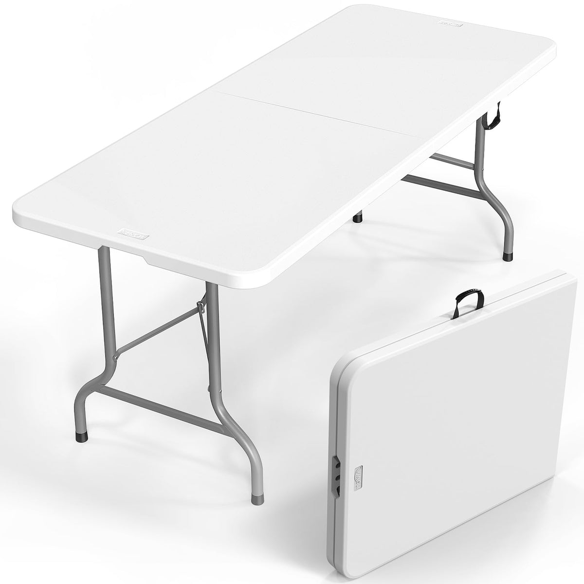 VINGLI 4 FT Plastic Folding Camping Table,3-Level Adjustable Height, Portable in/Outdoor Party Picnic Dining Desk, Garden Soccer Multipurpose Entertaining Activities,White