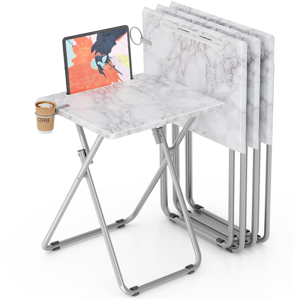 TV Tray Table,Folding Table with Cup Holder Portable,Foldable Snack Tray for Eating,Small Folding Tables Set of 2,Dinner Tables for Couch, Living Room,Small Space (White Marble,2Pcs)