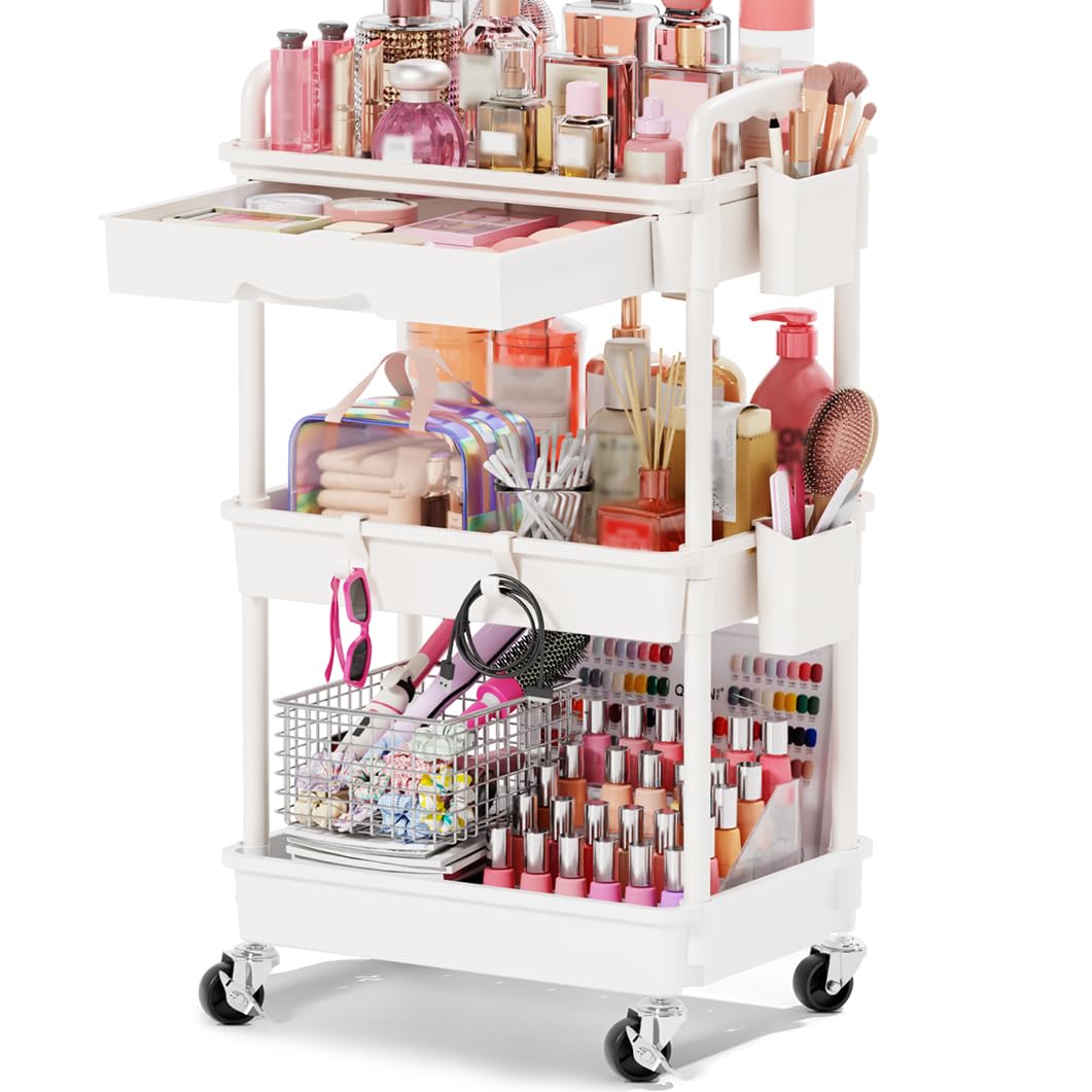 Goovilla Rolling Makeup Organizer Cart with Removable Drawer, 3 Tier White