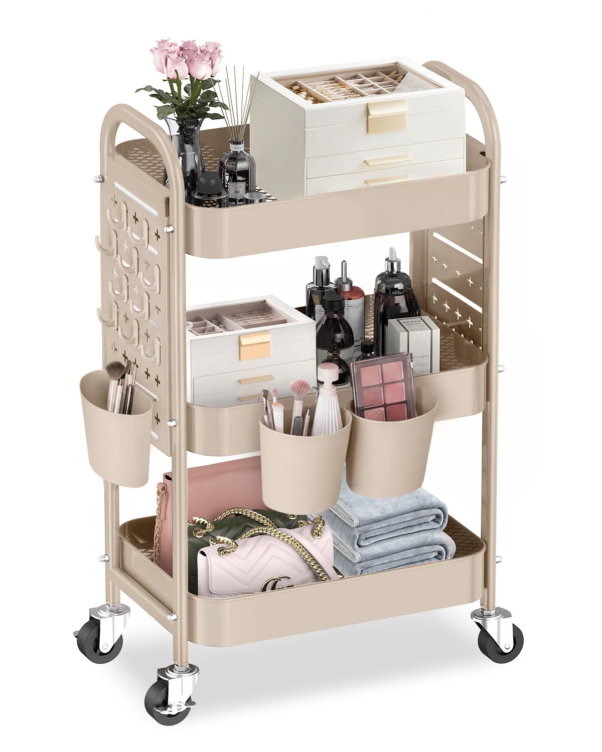 ALVOROG 3 Tier Metal Rolling Utility Cart with Pegboards,Baskets,Hook,Khaki