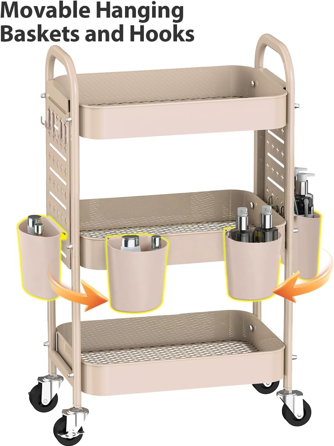 ALVOROG 3 Tier Metal Rolling Utility Cart with Pegboards,Baskets,Hook,Khaki