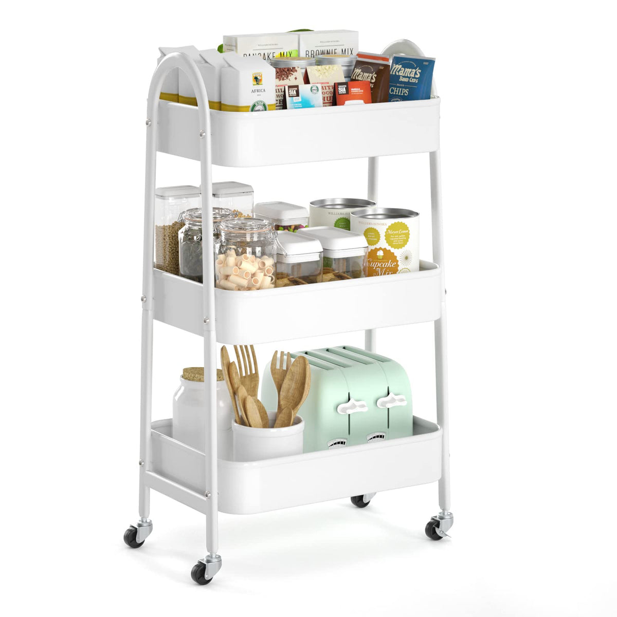 EAGMAK 3 Tier Utility Rolling Cart, Metal Storage Cart with Handle and Lockable Wheels, Multifunctional Storage Organizer Trolley with Mesh Baskets for Kitchen, Living Room, Office, Garage (Beige)