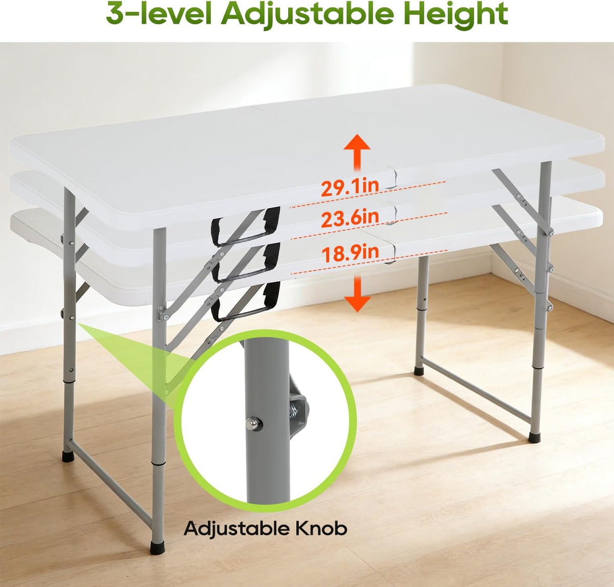FDW 4FT Folding Table, Portable Fold-in-Half Plastic Picnic Party Table with Carrying Handle (White, 4FT)