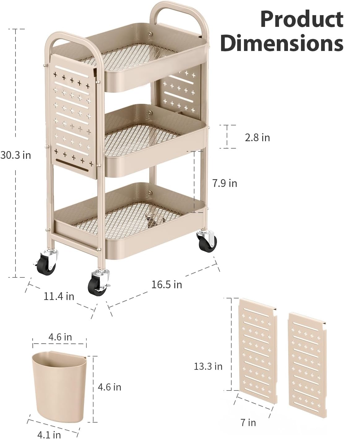 ALVOROG 3 Tier Metal Rolling Utility Cart with Pegboards,Baskets,Hook,Khaki