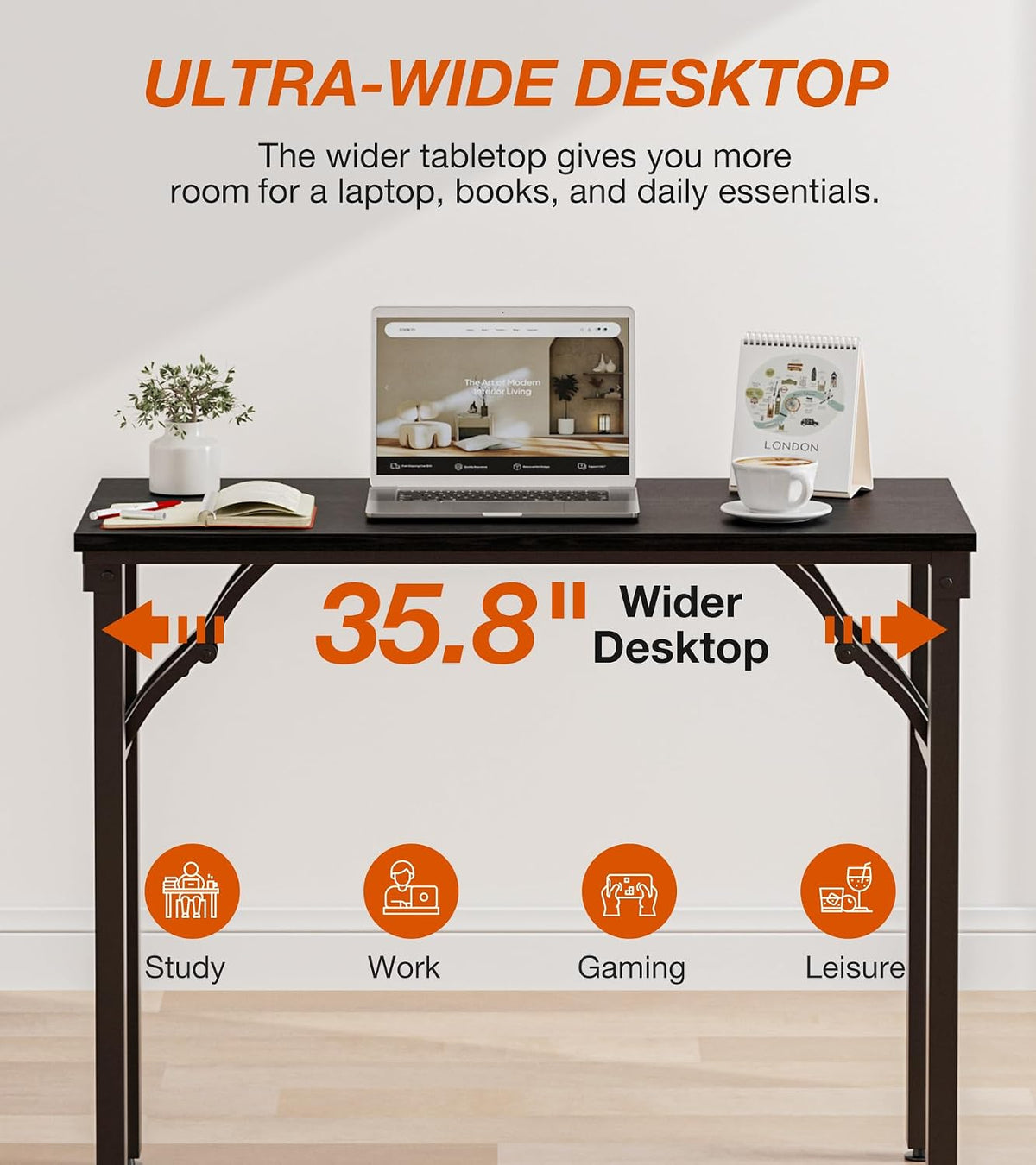 Folding Table Computer Desk - 35.8" No Assembly Folding Desk Design and Foldable Office Desk, Small Desk for Bedroom, Compact Storage Portable Use for Dorm and RV Small Space, Dark Oak