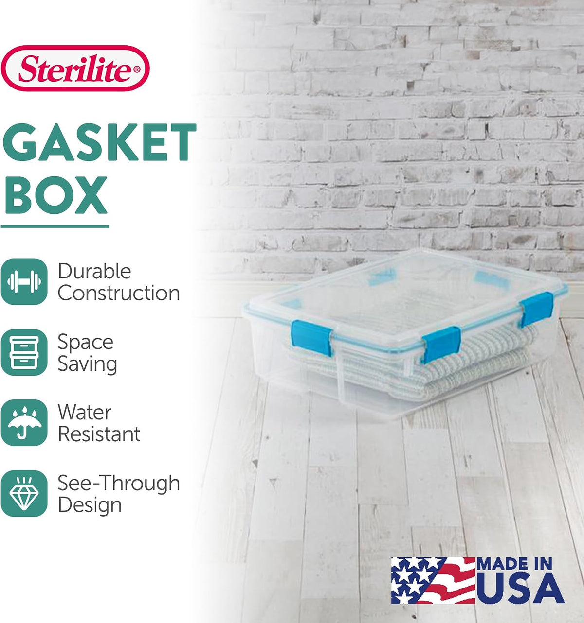 Sterilite Gasket Storage Box with Lids for Home & Office, 37 Quart, 4-Pack