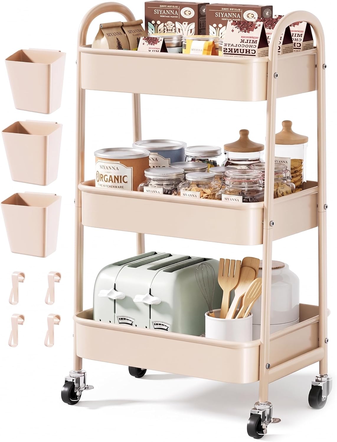 Beige 3 Tier Rolling Cart Metal with Wheels,Tan Three Tiered Bedside Carts