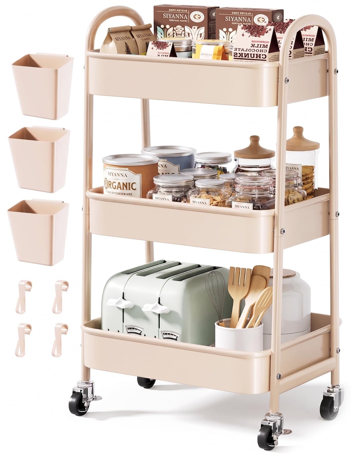 Beige 3 Tier Rolling Cart Metal with Wheels,Tan Three Tiered Bedside Carts