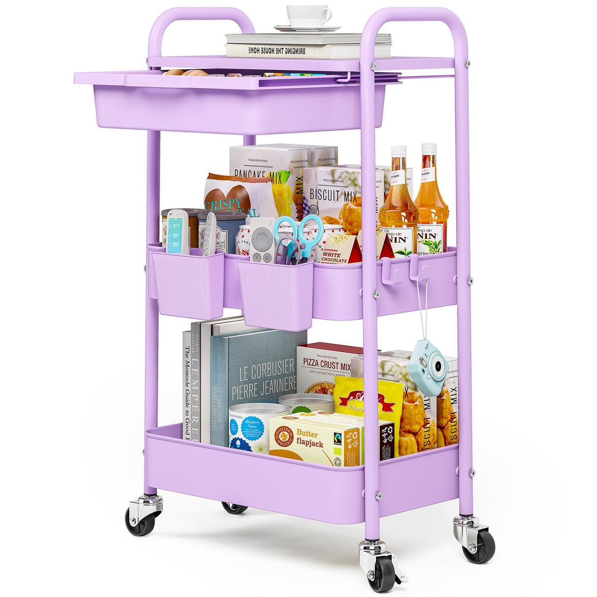 KINGRACK 3 Tier Metal Rolling Cart with Drawer, White Utility Storage Cart