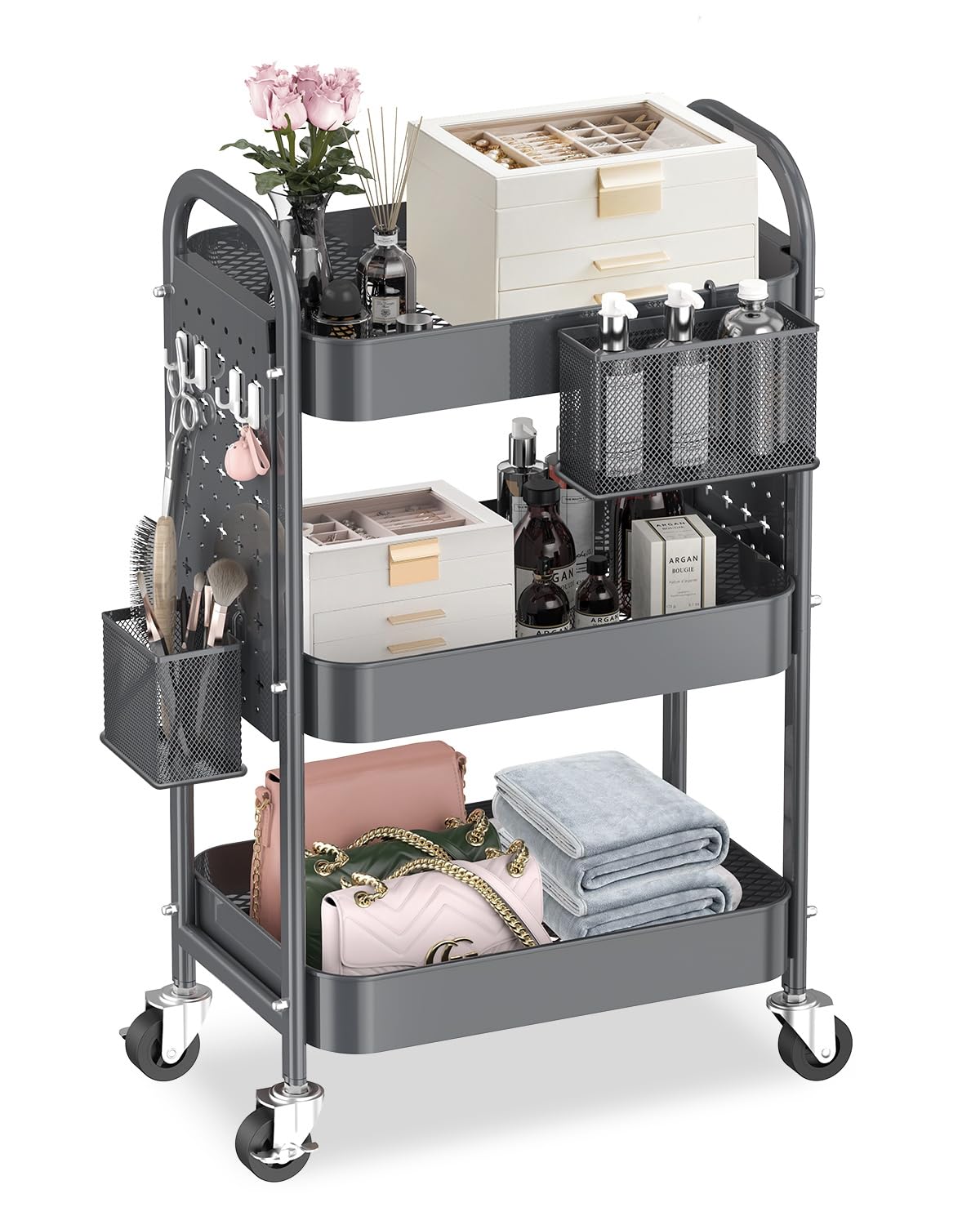 ALVOROG 3 Tier Metal Rolling Utility Cart with Pegboards,Baskets,Hook,Khaki