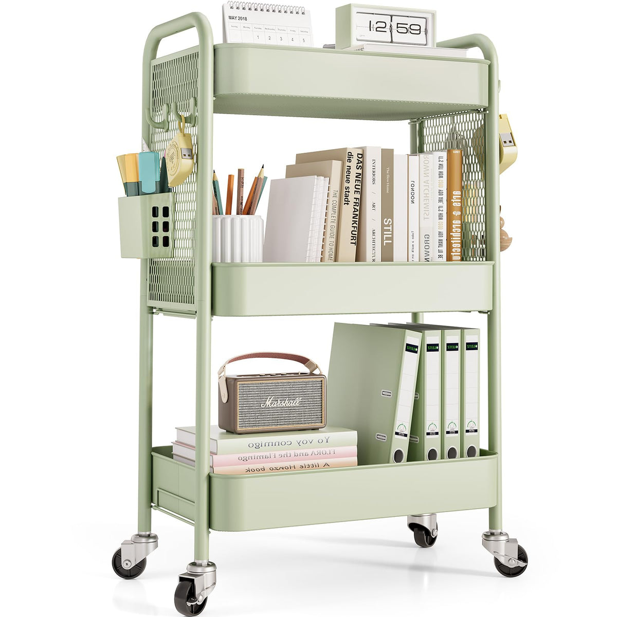 TOOLF 3 Tier Rolling Cart, Metal Utility Storage Cart with Pegboard, Green