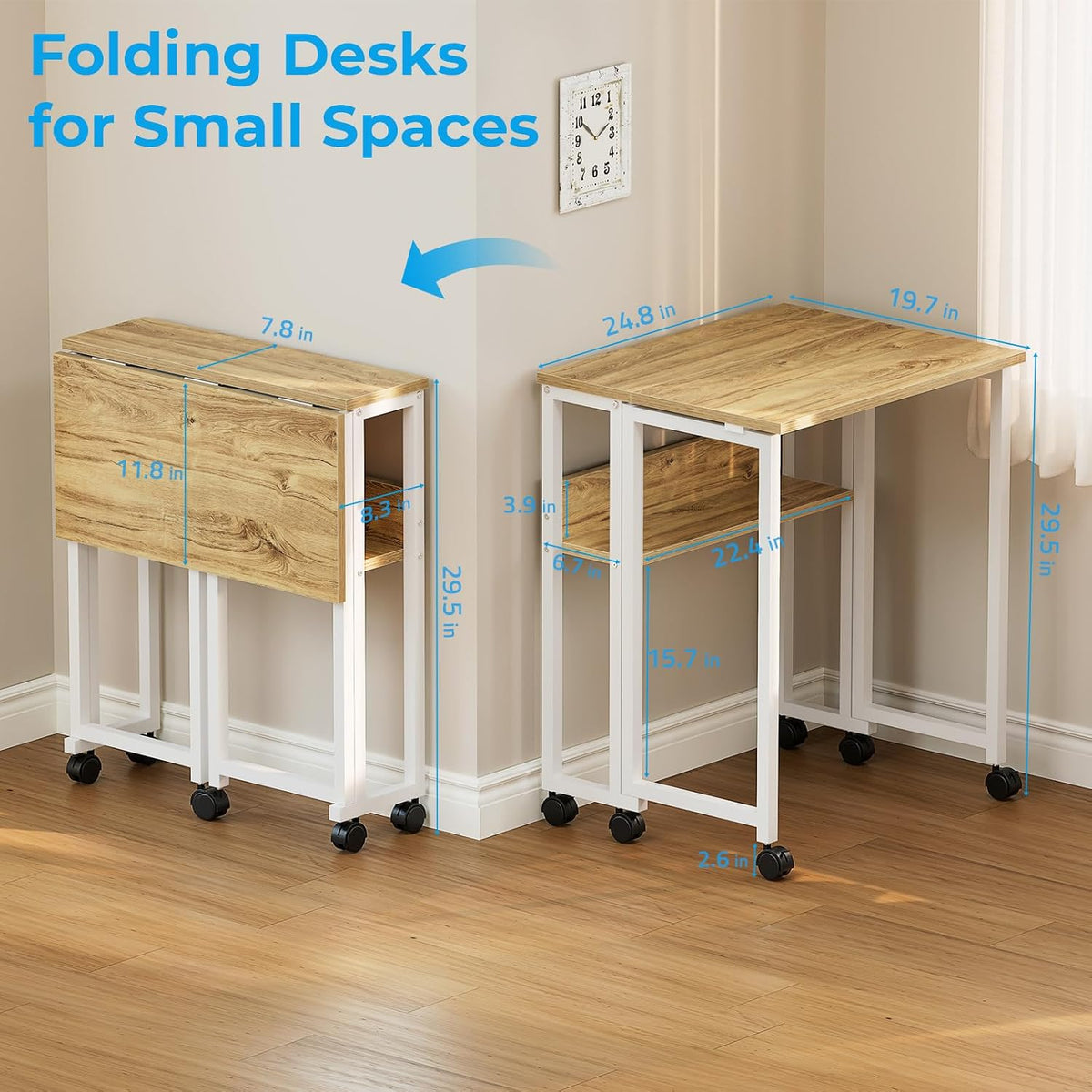GreenForest Folding Desk with Wheels, 24.8" Rolling Table for Small Spaces