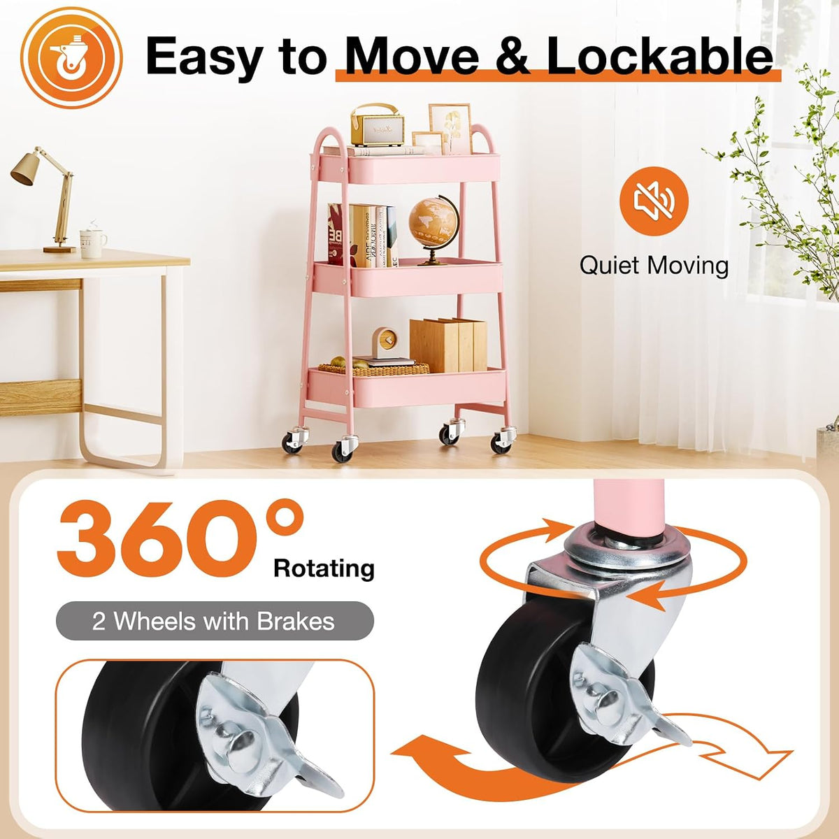 NEWBULIG 3-Tier Metal Rolling Cart with Lockable Wheels, Heavy Duty Mobile Utility Storage Shelf, Roller Book Snack Cart, Organization for Livingroom, Bathroom, Office, Pink