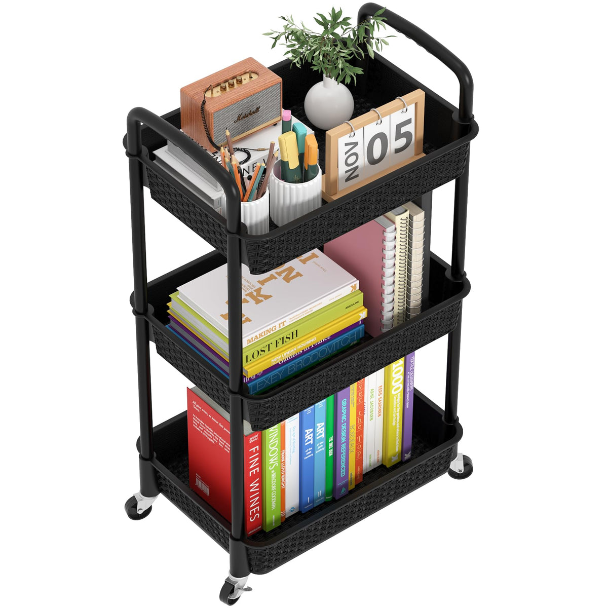 MOYIPIN 3-Tier Plastic Rolling Utility Cart with Handle,Black