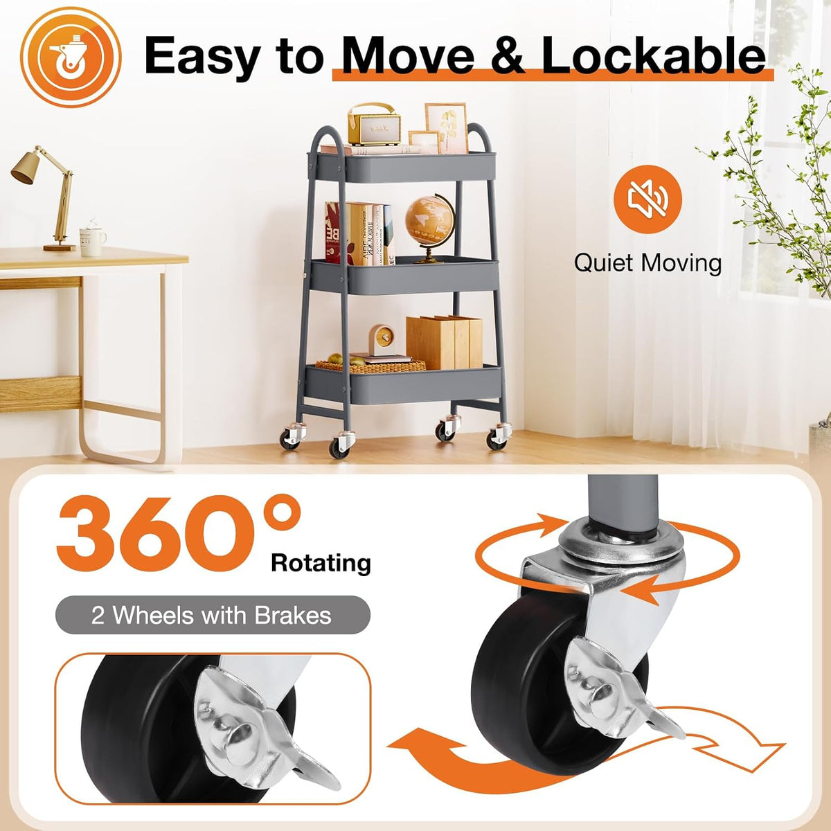 NEWBULIG 3-Tier Metal Rolling Cart with Lockable Wheels, Heavy Duty Mobile Utility Storage Shelf, Roller Book Snack Cart, Grey