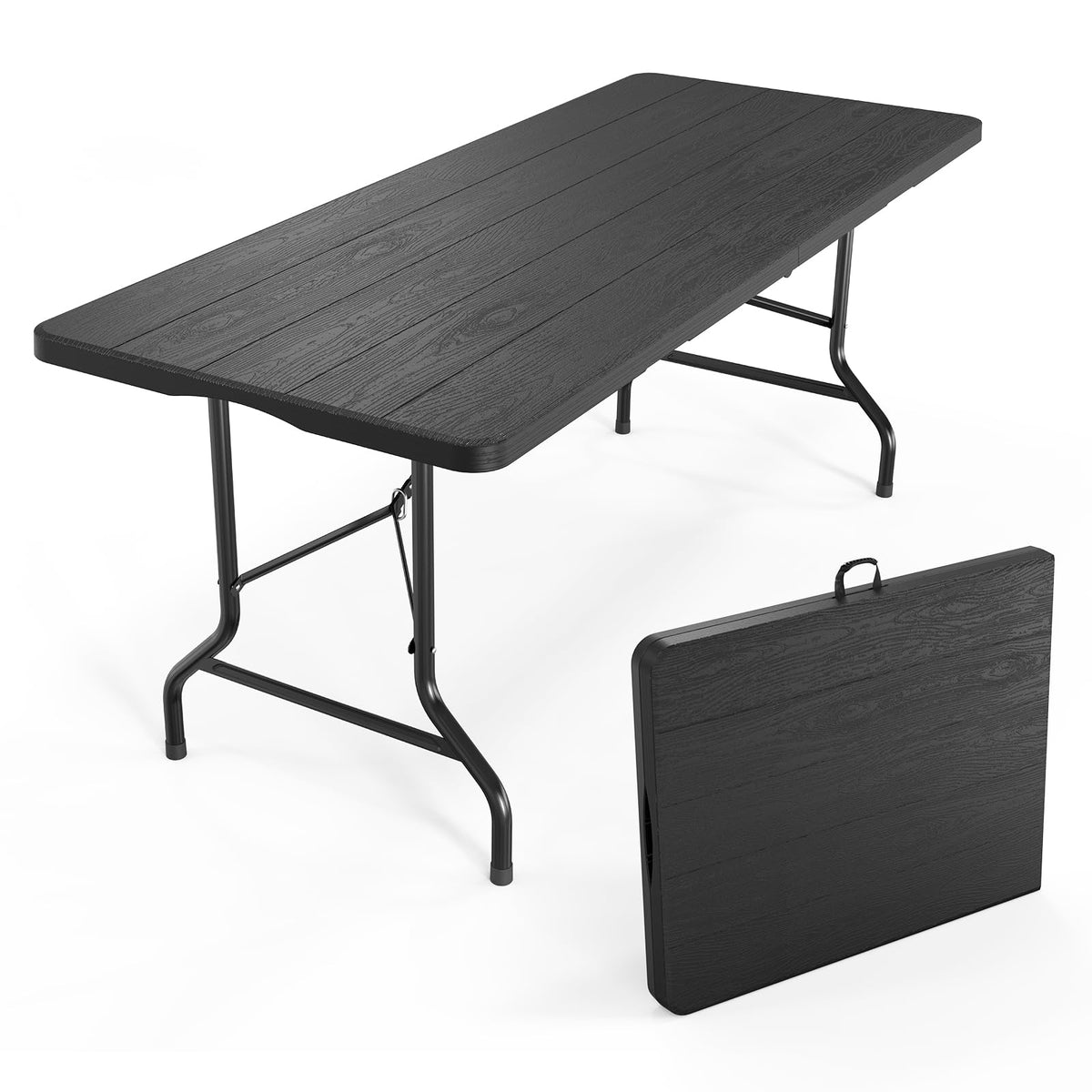 VINGLI 6 Foot Plastic Folding Table Portable Long Table for Indoor Outdoor Use Rectangular with Carrying Handle, Smooth HDPE Tabletop, White