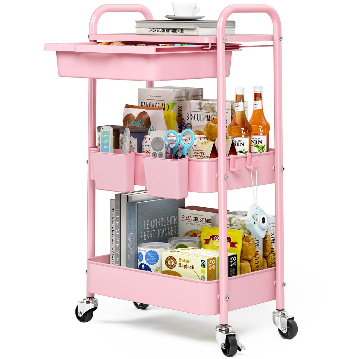 KINGRACK 3 Tier Metal Rolling Cart with Drawer, White Utility Storage Cart