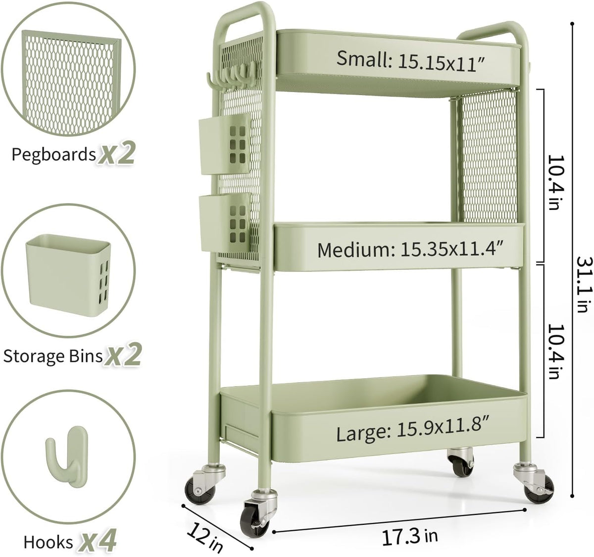 TOOLF 3 Tier Rolling Cart, Metal Utility Storage Cart with Pegboard, Green