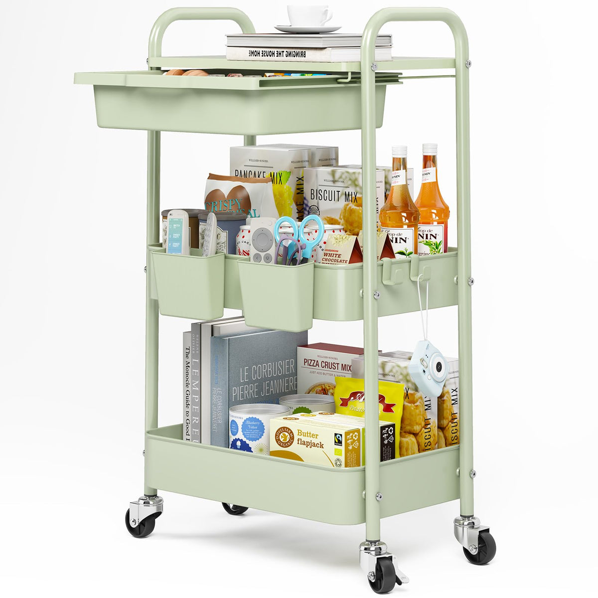 KINGRACK 3 Tier Metal Rolling Cart with Drawer, White Utility Storage Cart
