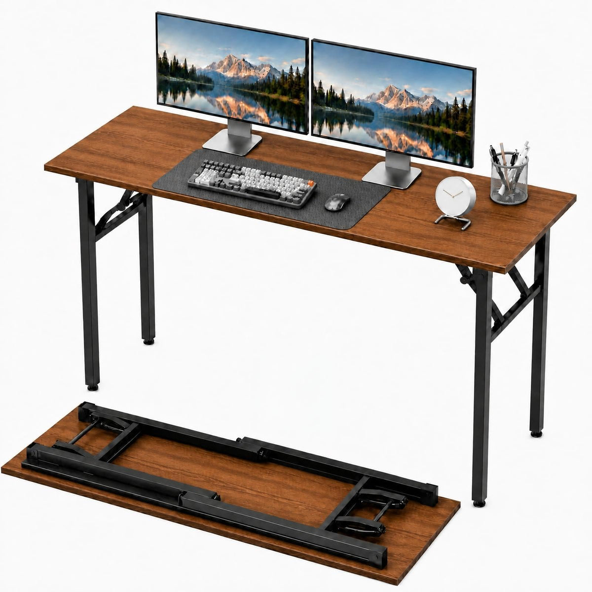 Folding Table Computer Desk - 35.8" No Assembly Folding Desk Design and Foldable Office Desk, Small Desk for Bedroom, Compact Storage Portable Use for Dorm and RV Small Space, Dark Oak