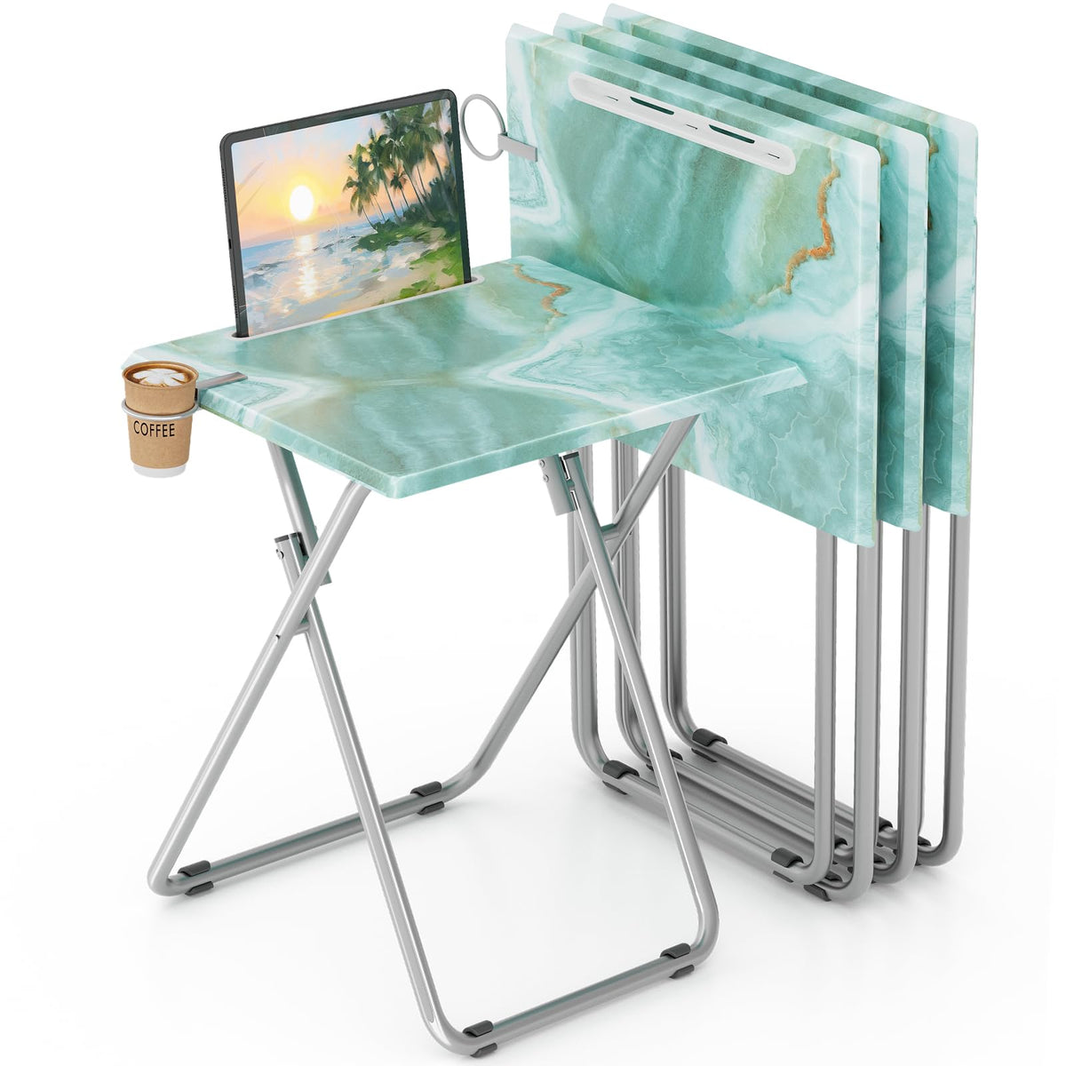 TV Tray Table,Folding Table with Cup Holder Portable,Foldable Snack Tray for Eating,Small Folding Tables Set of 2,Dinner Tables for Couch, Living Room,Small Space (White Marble,2Pcs)