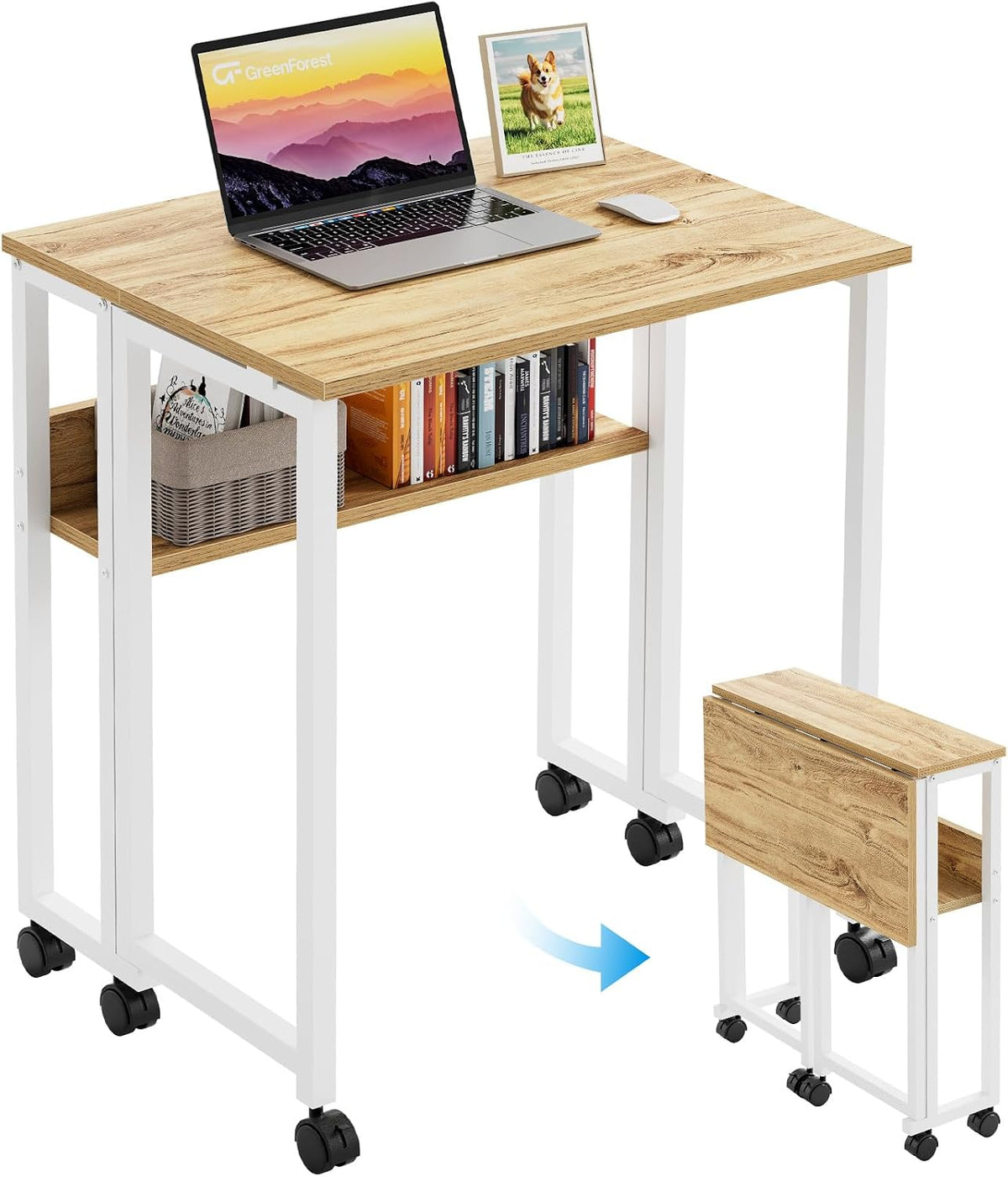 GreenForest Folding Desk with Wheels, 24.8" Rolling Table for Small Spaces