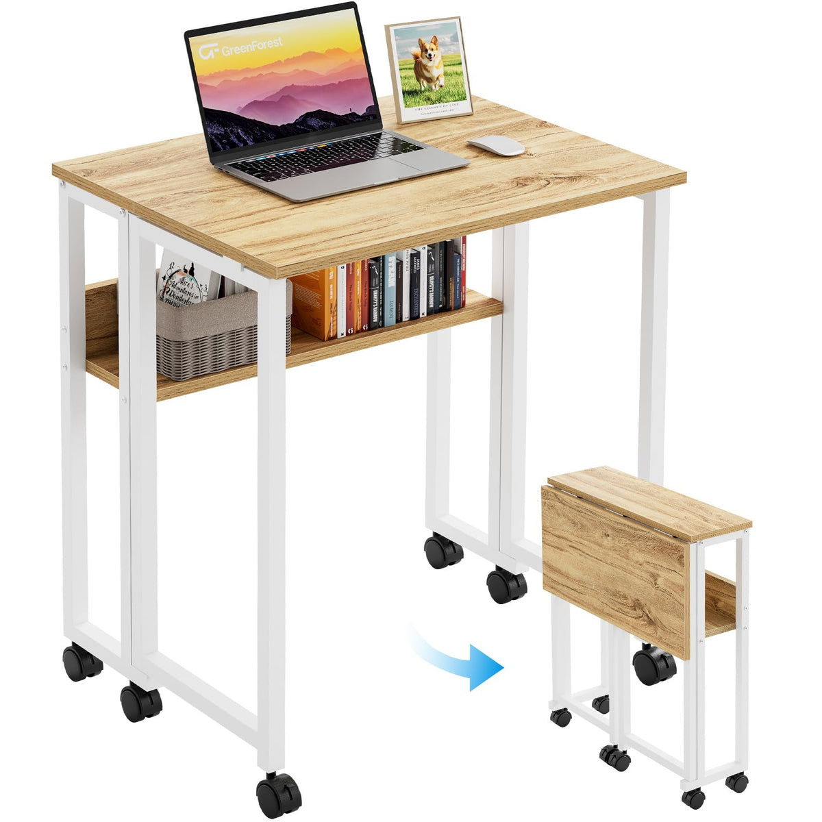 GreenForest Folding Desk with Wheels, 24.8" Rolling Table for Small Spaces