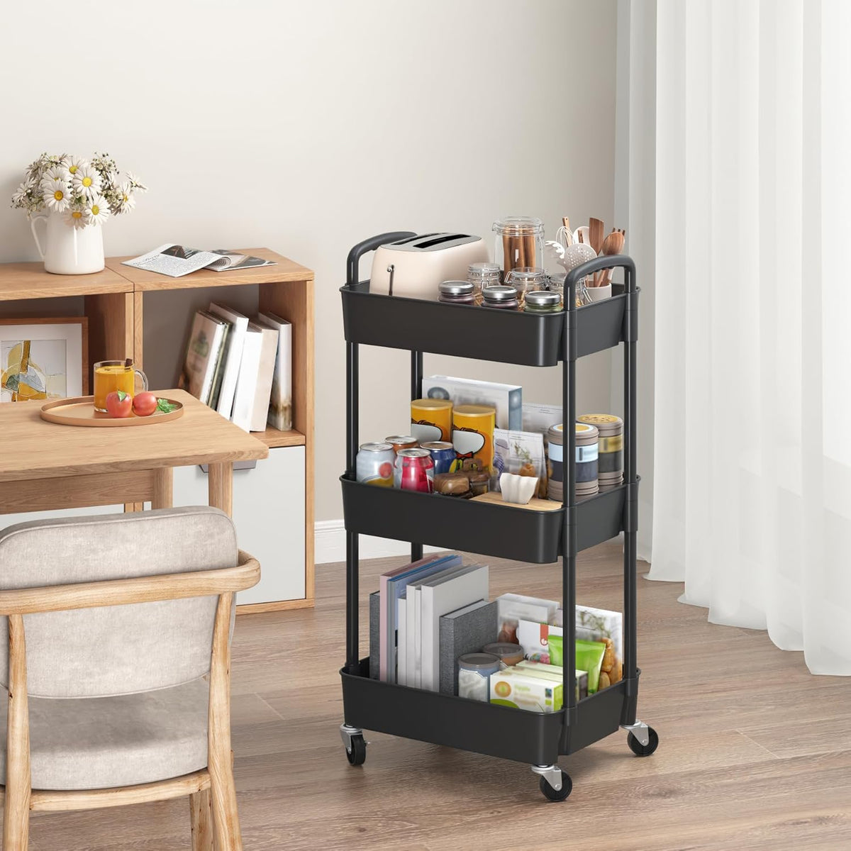 Sywhitta 3-Tier Plastic Rolling Utility Cart with Wheels for Storage,Black