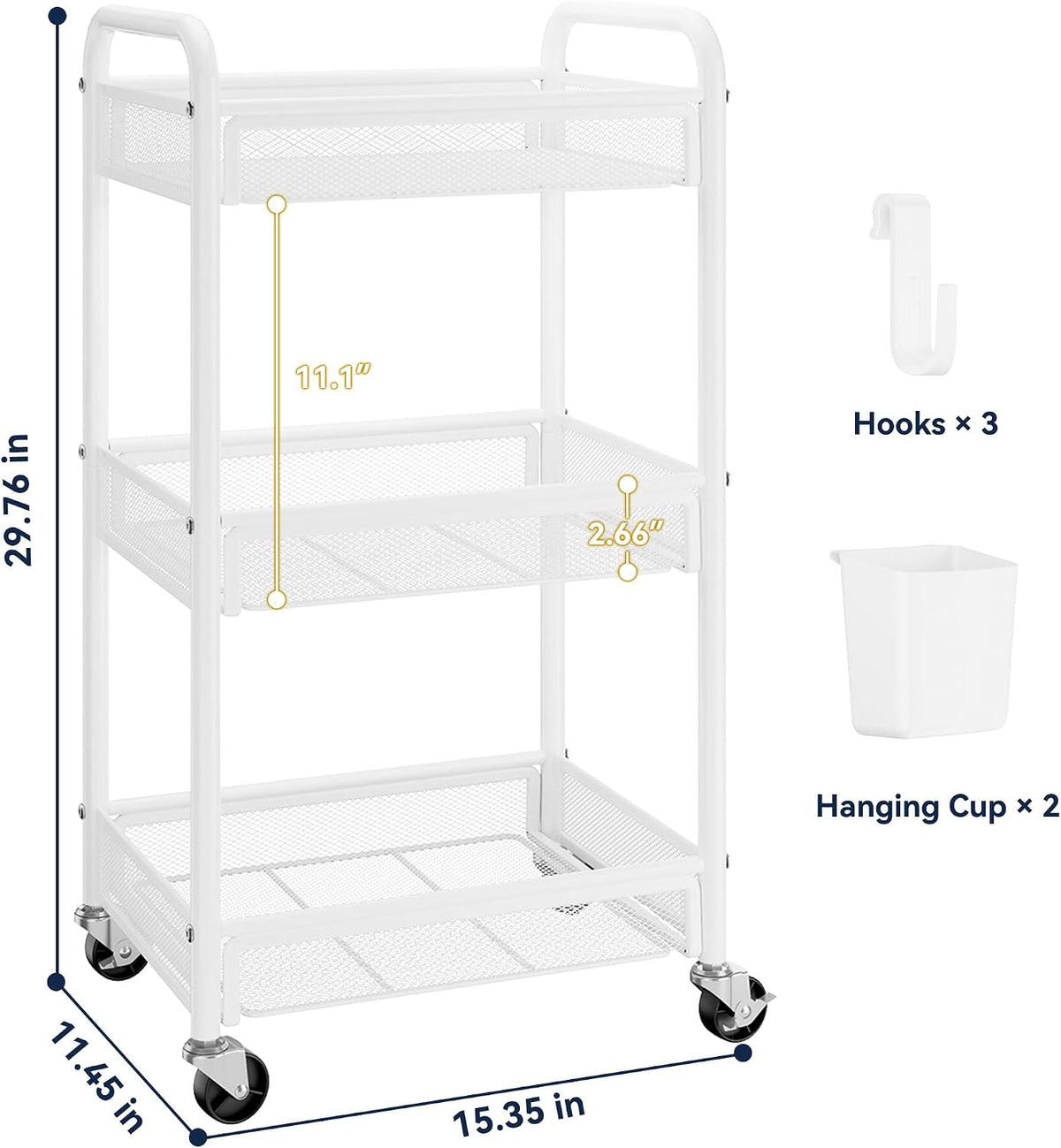 YASONIC 3 Tier Metal Rolling Cart, White Utility Storage Cart with Wheels